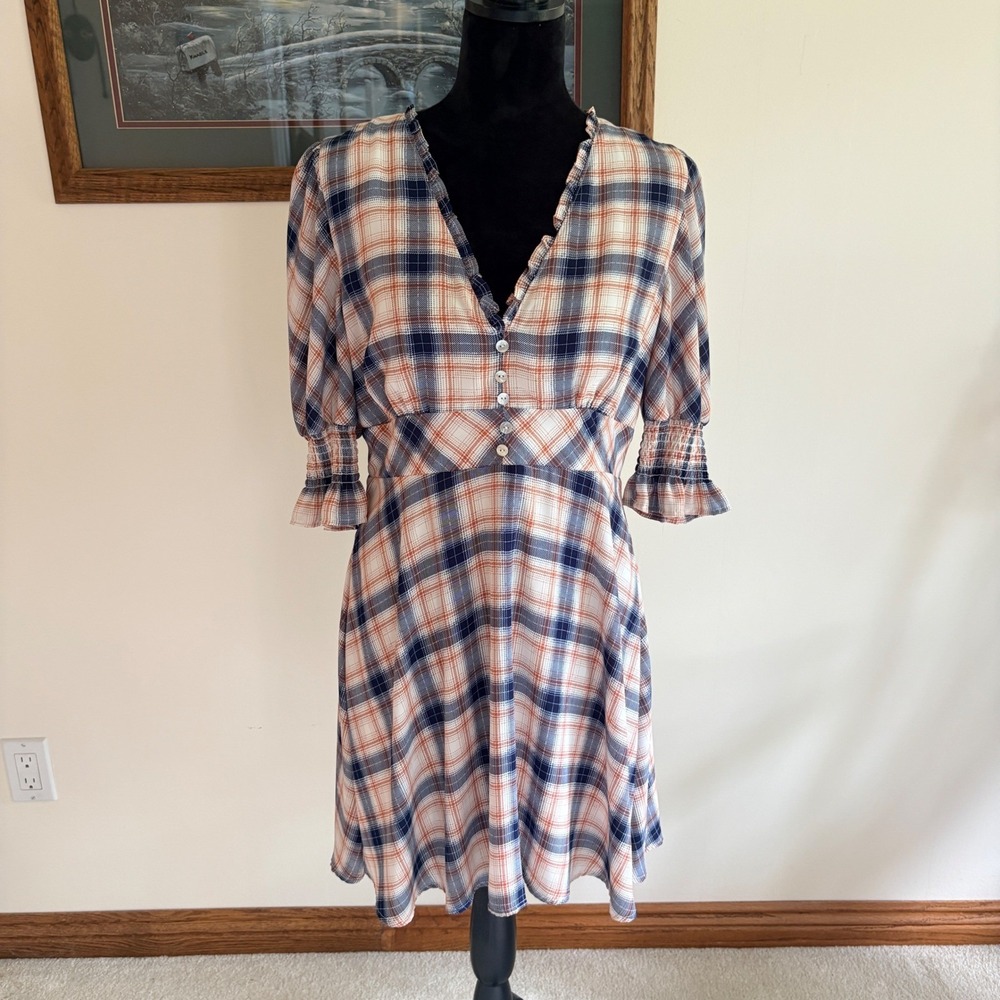 Blue Rain Plaid V-Neck Ruffle Mini Dress Womens XL Priella R59 Smocked Sleeve
